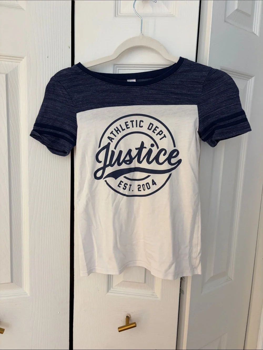 Justice White and Navy Athletic Logo Tee